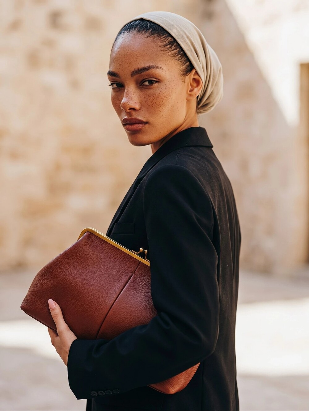 Kiss-Lock Leather Clutch with Gold Frame - Brandy